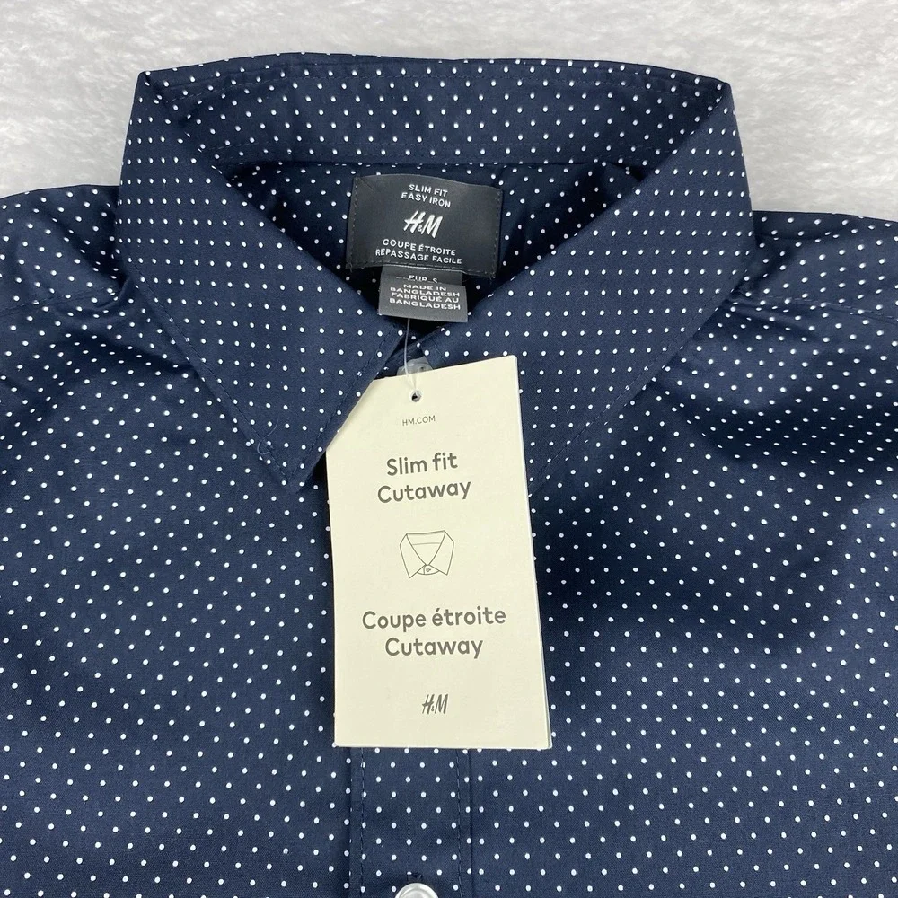 H&M Dress Shirt Mens Small Navy Blue w/White Dots Slim Fit Easy Iron NWT!